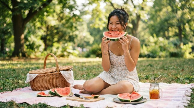 Young Asian woman enjoying a refreshing slice of watermelon at a sunny park picnic