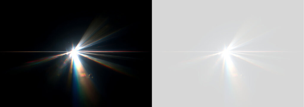 Prismatic optical lens flare with bright starburst and colorful rays. Glowing light leak overlay on transparent and black background