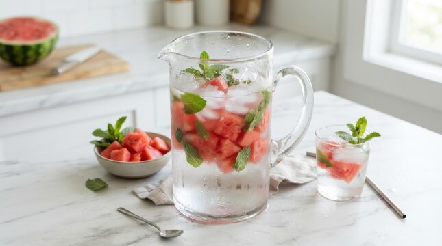 Refreshing watermelon mint infused water in a pitcher and glass