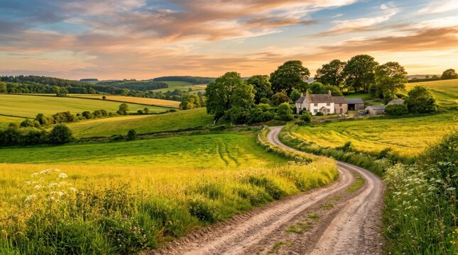 Idyllic rural landscape with a winding dirt road leading to a farmhouse at sunset