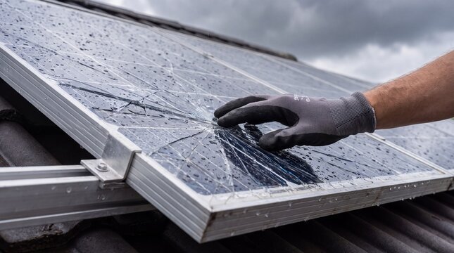 Man inspecting cracked solar panel on rooftop after hail damage. Broken photovoltaic system repair and maintenance service. Renewable energy failure, insurance claim and weather risk concept