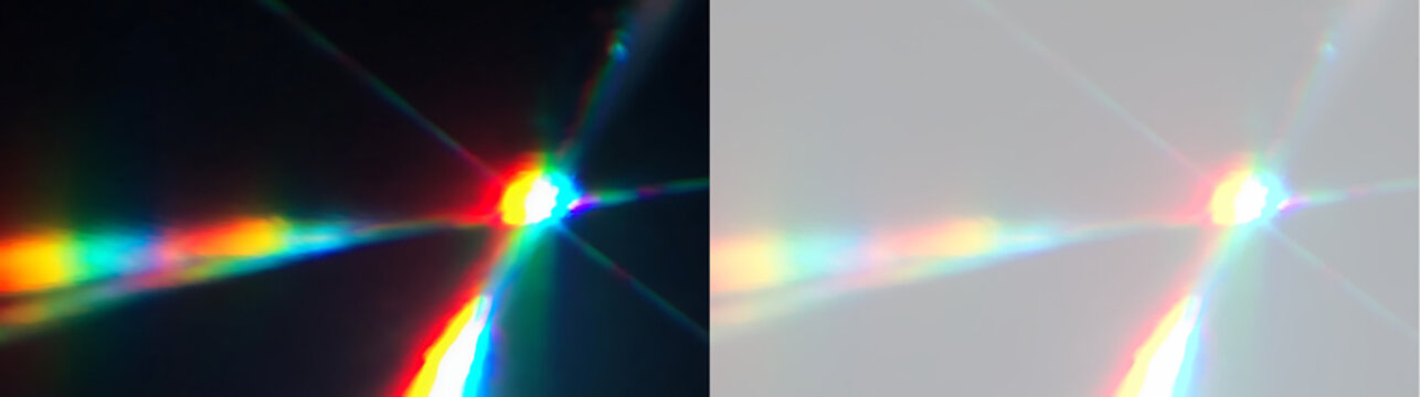 Vibrant rainbow light beam and prism starburst flare overlay. Optical refraction banner on black and transparent background