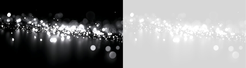 Glowing white bokeh particles and glittering magic dust with reflection. Sparkling light overlay on transparent background © Iryna