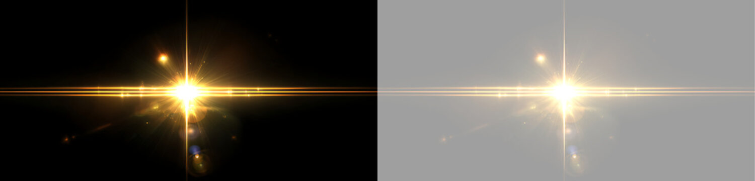 Bright golden anamorphic lens flare with star shape and horizontal ray. Glowing light burst overlay isolated on background