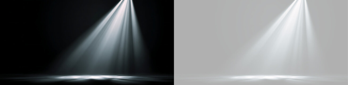 Volumetric white spotlight beam illuminating empty floor. Stage lighting projection overlay on transparent background