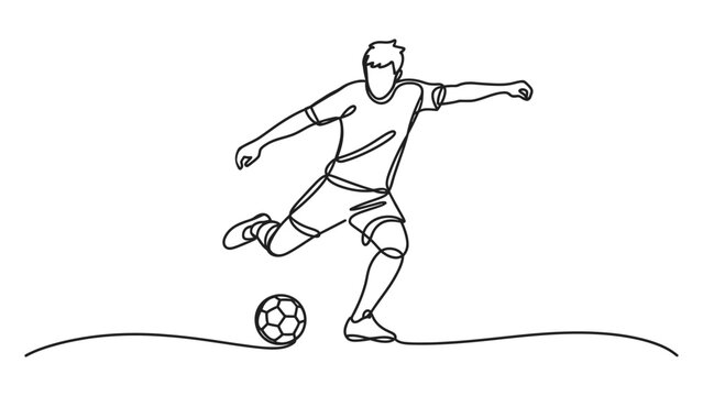 Continuous single line drawing of a soccer player kicking a ball in a dynamic action pose Vector, illustration