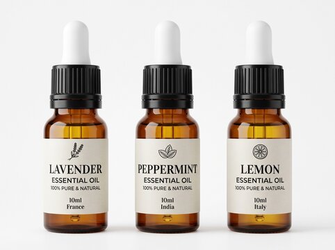 Three Amber Glass Dropper Bottles of Essential Oils Lavender Peppermint and Lemon on White Background