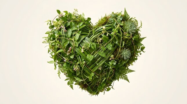World heart day beautiful heart shape made of fresh green leaves isolated on white background