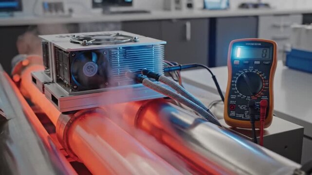 Thermoelectric generator converting heat into electricity using the seebeck effect, with vapor rising from glowing hot pipes while a multimeter measures the output voltage