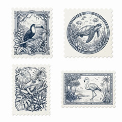 Naklejka premium Tropical Wildlife and Nature Stamp Illustrations Collection