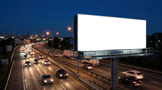 A large blank white billboard mockup located beside a busy highway with city traffic lights during the evening time