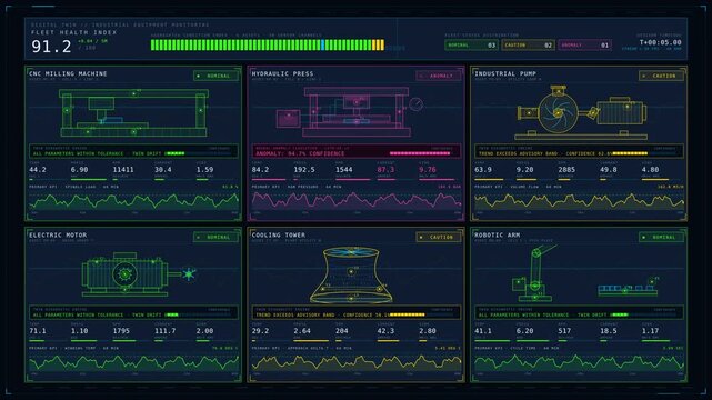 A six-grid layout showcasing digital twin monitoring of various industrial machines with color-coded panels for performance metrics and anomaly detection in a sleek instrument aesthetic.