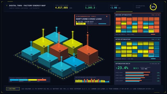 Aerial thermal energy map of a digital twin factory showing color-coded energy consumption levels, animated light columns, and energy flow visualization for optimization insights.