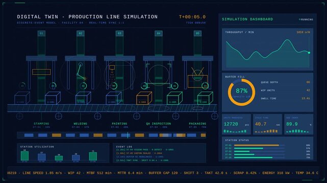 A digital twin production line simulation showcasing a glowing conveyor belt with animated schematics and a live dashboard for real-time data tracking and analysis.