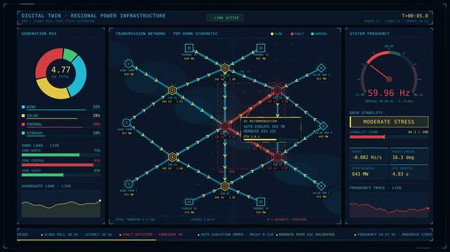Dramatic top-down view of a digital twin power infrastructure showcasing a regional power grid with generation assets, substations, and animated energy flow on a luminous schematic background.