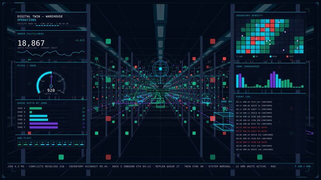 Explore a vast automated warehouse with a dramatic wide-angle view, showcasing metallic wireframe shelving and glowing autonomous robots navigating dynamically through the space.