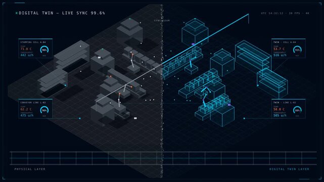 Explore a split-reality view of a massive industrial factory floor showcasing a photorealistic plant alongside its glowing digital twin with HUD panels and particle data streams.