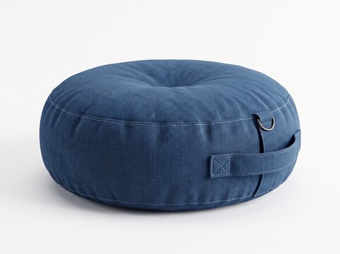 Comfortable Blue Round Fabric Floor Cushion Pouf with Handle, Soft Meditation Pillow Isolated on White Background