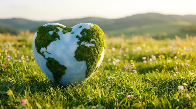 World heart day heart shaped earth globe on green grass in spring, ecology and environmental concept