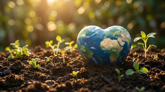World heart day heart shaped earth globe resting on rich soil surrounded by small green seedlings, symbolizing environmental care, sustainability, and earth day
