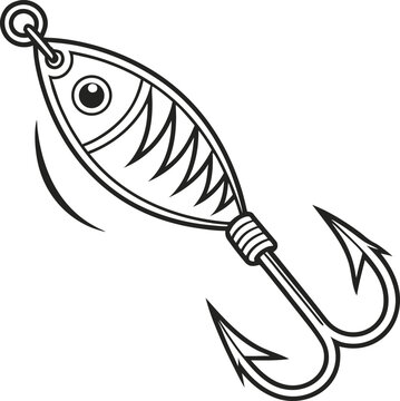 Vector illustration of a fishing spoon lure with a double hook retro line art style isolated on white background