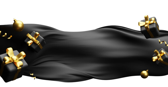 Black friday slae banner design of gift box and fabric flowing on transparent background with copy space 3D render