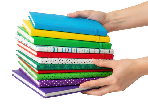 Person holding a stack of colorful notebooks in their hands