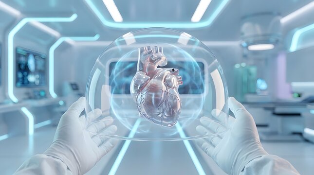 World heart day a pair of gloved hands holding a transparent dome containing a futuristic 3d model of a human heart in a sterile laboratory environment