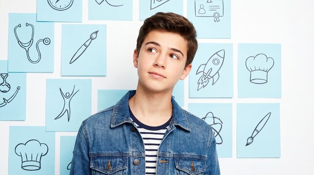 Teenage boy thinking about future career choice standing near wall with profession icons. Education and career guidance concept for youth opportunity, planning and self determination