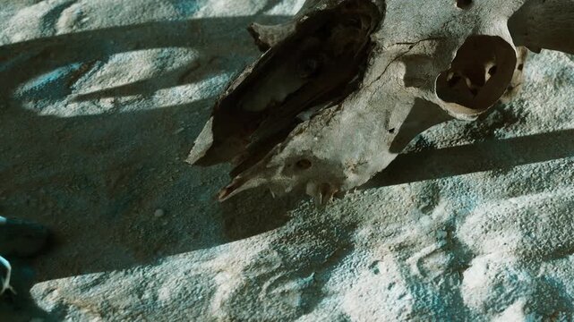 A skull is placed on a sandy surface. The sunlight casts shadows around it. There are some textures and small items nearby. It looks like it was found outdoors.