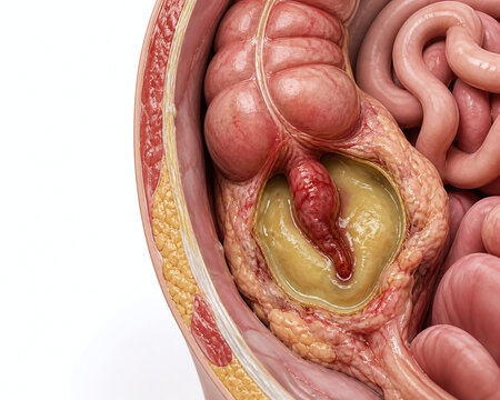 Appendiceal abscess within inflamed abdominal cavity illustration
