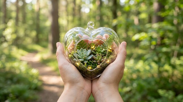 World heart day person holding a heartshaped glass terrarium with small succulents and fairy lights in a green forest