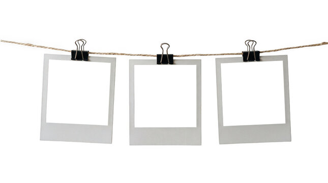 Three blank instant photo frames hanging on a rope isolated on transparent background