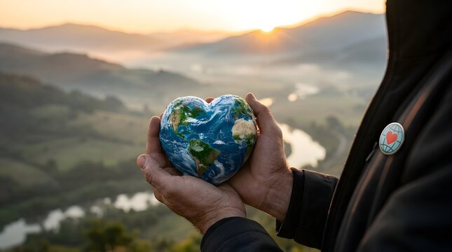 World heart day hands holding heartshaped earth globe, symbolizing love and care for the planet, environmental protection, and sustainability at sunrise
