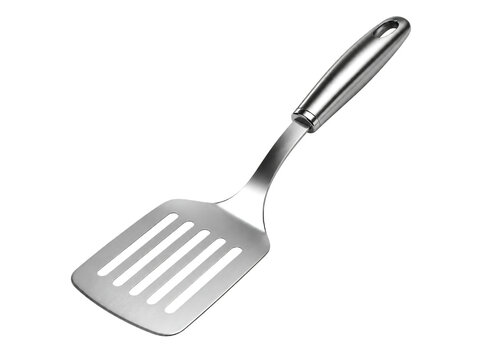 Stainless steel spatula with slotted turner head, professional metal kitchen utensil for cooking, silver flipper.