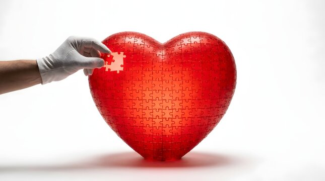 World heart day heart puzzle, hand in white glove placing final piece, isolated on white background