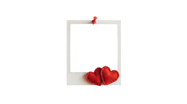 Blank polaroid photo frame with red hearts isolated on transparent background