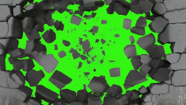 Cracked concrete wall revealing bright green energy with expanding fissures during a subtle camera pan