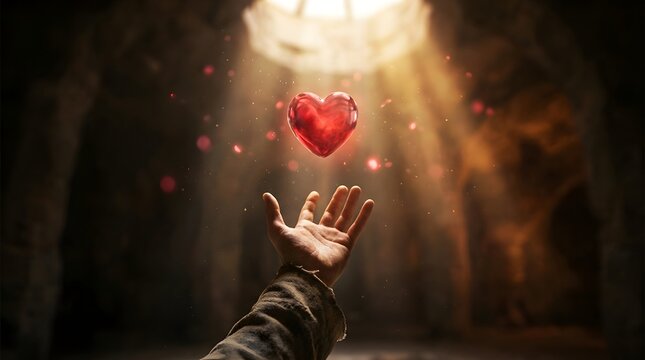 World heart day a persons hand reaching up toward a glowing red heart in a dark cave illuminated by light from above