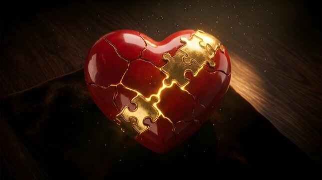 World heart day a 3d red heart puzzle with gold pieces, symbolizing healing, love, and mending a broken heart on a dark background
