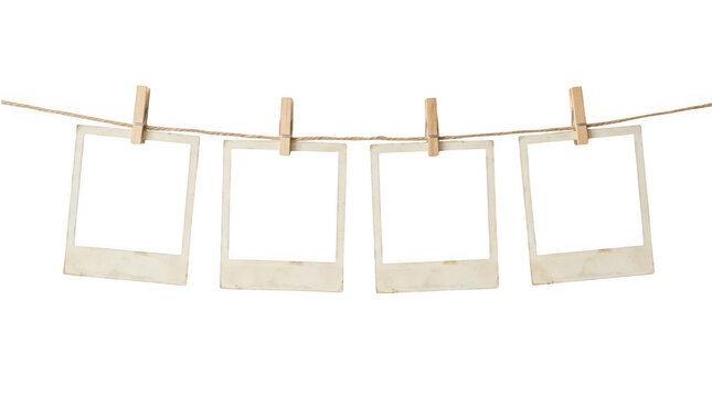 Four vintage polaroid frames hanging on a rope isolated on transparent background