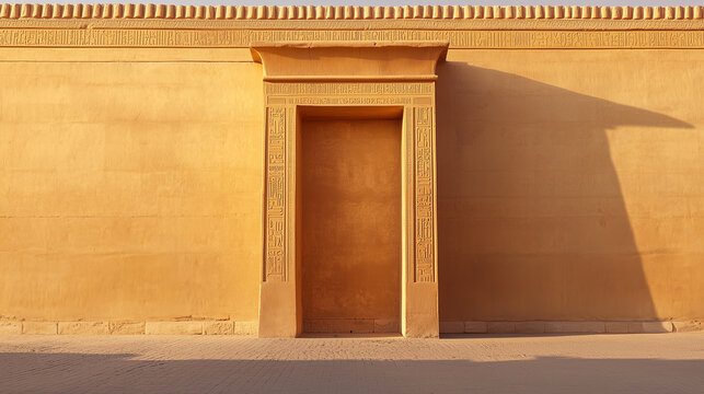 Ancient Egyptian temple wall with a stone doorway frame decorated with traditional hieroglyphics. Minimalist historical architecture background in warm golden sand tones under bright sunlight.
