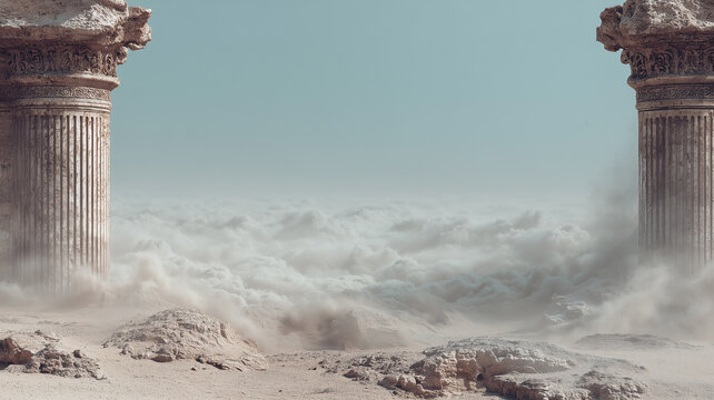 Surreal dreamlike landscape featuring ancient Greek or Roman stone columns rising from sand dunes into a thick sea of fluffy clouds under a clear blue sky. Ethereal fantasy architectural concept.
