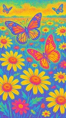 Fototapeta premium Vibrant butterflies over colorful daisies mobile wallpaper