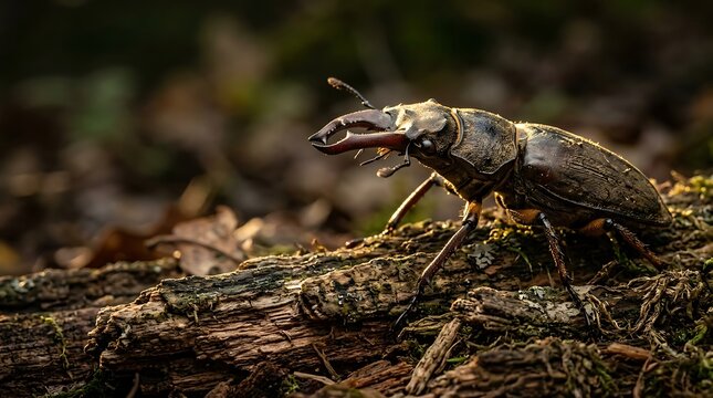 Close up of a large stag beetle standing on a decaying log in forest