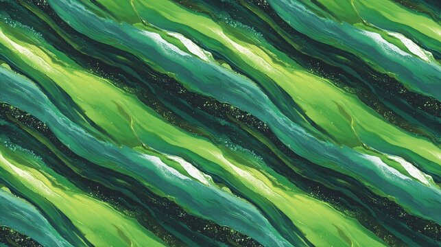 Seamless pattern background with abstract green liquid marble and swirling acrylic fluid art. Continuous dark emerald texture featuring diagonal lime waves, organic streaks and light glitter dust.
