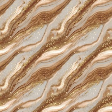 Seamless pattern background with luxurious beige fluid marble and swirling alcohol ink art. Continuous abstract liquid texture featuring diagonal brown waves and glowing gold glitter veins.
