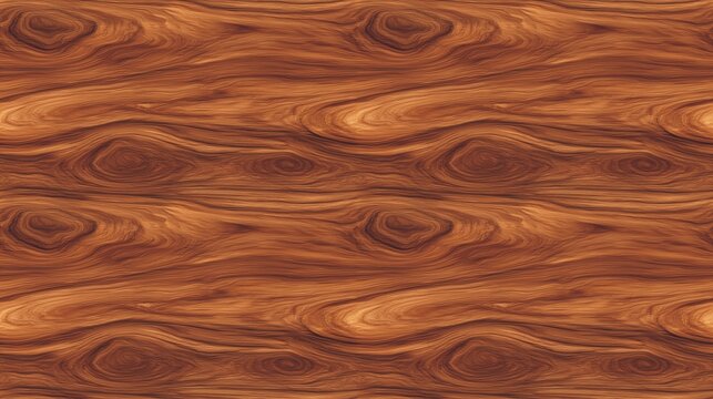 Seamless wood grain texture background with elegant reddish brown wavy patterns and natural knots. Continuous polished timber surface pattern for 3D interior rendering, furniture design and flooring.
