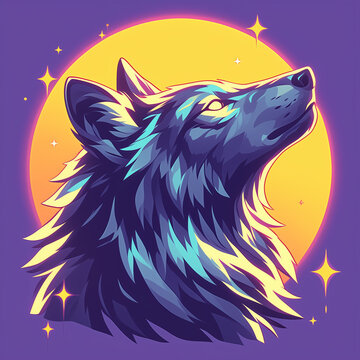 Stylized vector portrait of a lone wolf howling or looking up towards a large glowing full moon. Creative digital illustration with sharp cel-shaded details in purple, cyan, and yellow colors.
