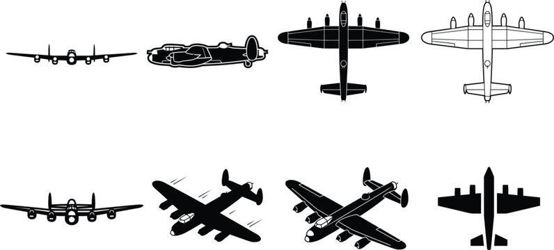 Avro Lancaster Heavy Four-Engine Strategic Bomber Aircraft Orthographic Views Silhouette Vector Graphic Collection